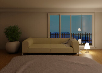 Night room interior with couch and panoramic window. Carpet and big home plant on the wall. White scandinavian interior. 3D rendering.