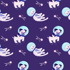 Seamless pattern Animals in space. Cute cat, pug astronauts and comet. Characters exploring universe galaxy. Cartoon vector illustration. Cartoon vector illustration.