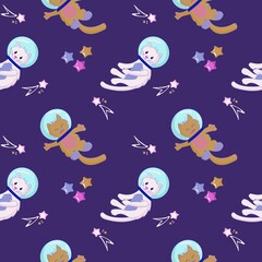 Seamless pattern Animals in open space. Cute cat astronauts comet and stars. Characters exploring universe galaxy. Cartoon vector illustration.