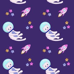 Seamless pattern Animals in space. Cute cat astronaut, rocket and stars. Characters exploring universe galaxy. Cartoon vector illustration.