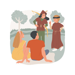 Perform skits isolated cartoon vector illustration. Camping skits, leisure time outdoors, family on summer holiday, kids perform for parents, funny performance, stand-up comedy vector cartoon.