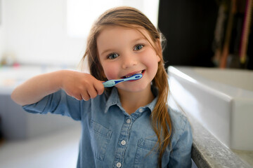 Little girl brushes her teeth with an toothbrush in the morning in the bathroom.