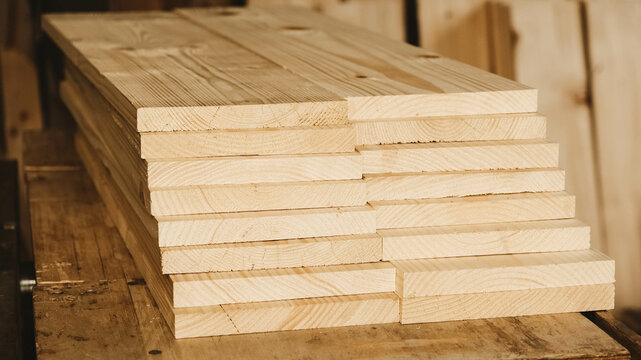 Stacked wooden carpentry boards from natural wood in a woodworking industry