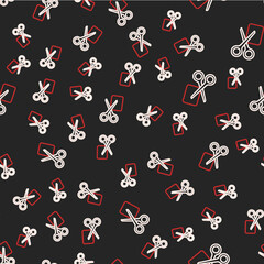 Fototapeta na wymiar Line Scissors cuts discount coupon icon isolated seamless pattern on black background. The concept of selling in an online supermarket at low prices or half the cost. Vector