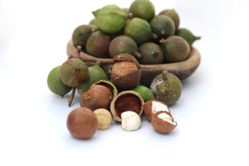 Macadamia nuts on white background