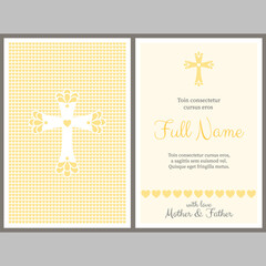Card template baptism with yellow and white cross and hearts