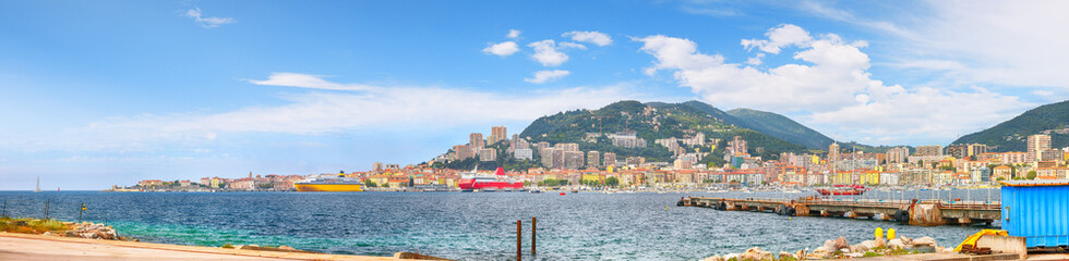 Majestic morning cityscape of Ajaccio city and port.