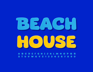 Vector colorful flyer Beach House.  Bright creative Font. Blue sticker Alphabet Letters, Numbers and Symbols set
