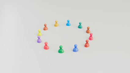 3D Illustration Render of multiple group ordered in circle people avatar Icon. Team network concept.