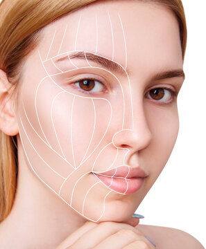 Graphic lines shows face lifting effect on young female face.