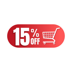15% off, shopping cart icon, Super discount sale, design in 3D red vector illustration. Fifteen 