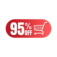 95% off, shopping cart icon, Super discount sale, design in 3D red vector illustration. Ninety five 