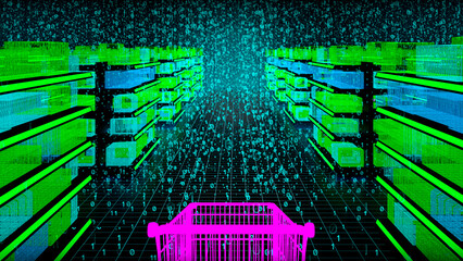 Metaverse based online shop concept. Metaphor for shopping in metaverse space web 3. 3d CGI render of purple shopping cart standing in the aisle	