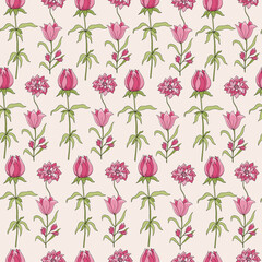 Hand-drawn seamless pattern with red flowers. Background for fabric, templates, wallpaper, cards.