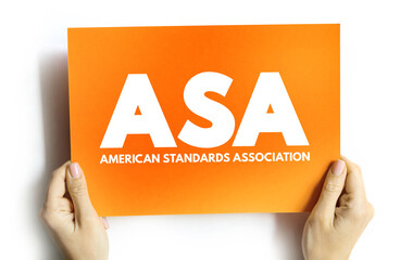 ASA - American Standards Association acronym on card, abbreviation concept background