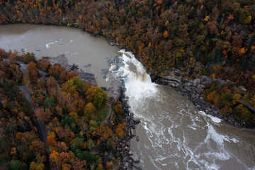 Aerial of Cumberland Falls - Long Exposure of Waterfall in Autumn - Cumberland Falls State Park - Appalachian Mountain Region - Kentucky - 515489941