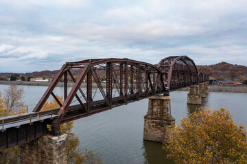 Cloudy Day View of Kanawha River Railroad and Norfolk Southern Railroad Through Truss Bridge - Pt. Pleasant, West Virginia and Gallipolis, OHio