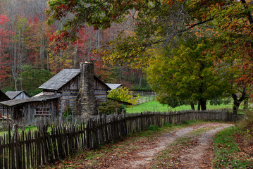 Rustic and Traditional Log Cabin Residence and Farm + Wood Picket Fence in Autumn - Twin Falls Resort State Park - Appalachian Mountain Region - West Virginia