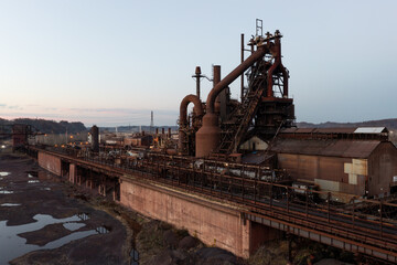 Aerial of Rusted and Disused Amanda Pig Iron Blast Furnace at Sunset - Abandoned Armco Steel / AK Steel Ashland Works - Russell and Ashland, Kentucky - 515489997