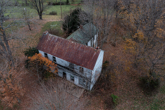 Aerial Of Abandoned House With Clapboard Siding And Tin Roof - Appalachian Mountain Region - Ohio