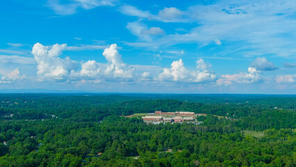 a stunning aerial shot of the vast miles of lush green trees with buildings nestled into the trees...