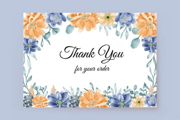 Printthank you card with flower blue orange frame background