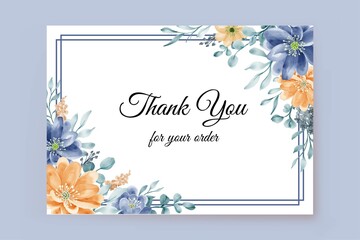 thank you card with flower blue orange frame background