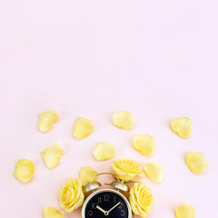 Vintage gold watch and yellow roses. Time to give flowers. Copy space. Square orientation