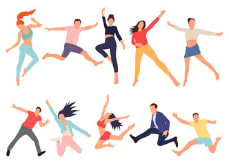 people jumping in flat style, set isolated, vector