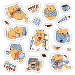 Cute cat with a cup of coffee in different situations. A set of stickers. Cartoon style.