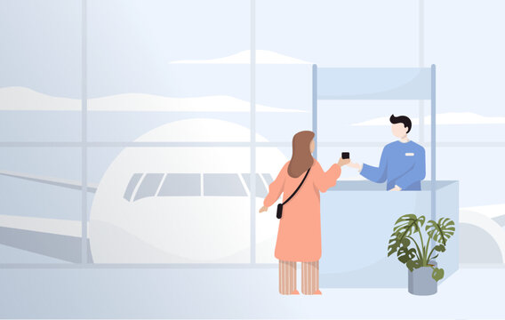 People in airport flat color icon of pilot stewardess tourists with travel bags at checkpoint and security screening. Passport control, luggage, security, check. Isolated vector illustration