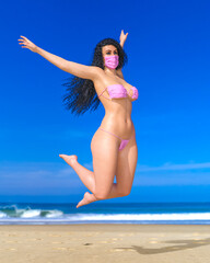 Woman swimsuit in medical mask on beach.
