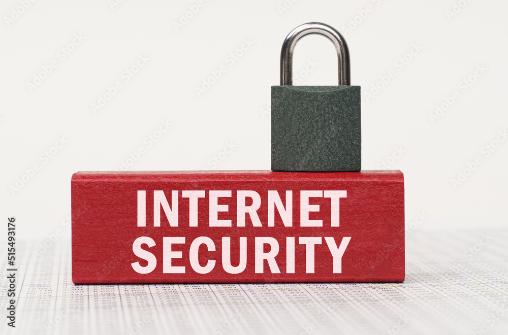 Poster On the reports there is a red block with the inscription - Internet security and a lock.