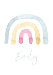 Cute watercolor rainbow illustration with name Emily , boho drawing for baby shower invitation, greeting cards, it's a boy, it's a girl card ,poster, printable frame art