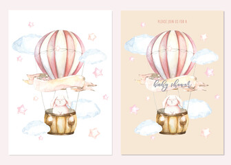 Cute watercolor set of flying bunny air balloon illustration,boho woodland peach card design for kids, baby shower invitation,greeting card, poster, frame art, printable, birthday party,it's a boy