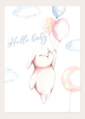 Cute watercolor set of flying bunny air balloon illustration,Hello baby boho woodland card design for kids,baby shower invitation,greeting card, poster, frame art, printable, birthday party,it's a boy
