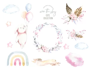Raamstickers Boho dieren Cute watercolor flying bunny illustration,floral wreath, bouquet,rainbow boho woodland baby shower design set for kids, nursery baby shower invitation,greeting card,birthday party sticker diy