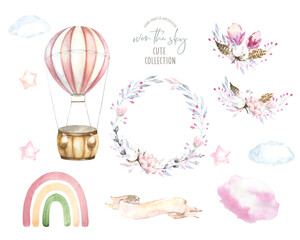 Cute watercolor air balloon illustration,floral wreath, bouquet,rainbow boho woodland baby shower design set for kids, nursery baby shower invitation,greeting card,birthday party sticker diy