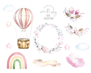 Fototapete Boho-Tiere Cute watercolor air balloon illustration,floral wreath, bouquet,rainbow boho woodland baby shower design set for kids, nursery baby shower invitation,greeting card,birthday party sticker diy