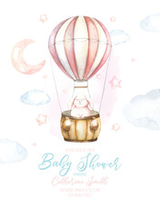 Fototapeta na wymiar Cute watercolor set of flying bunny air balloon illustration,boho woodland pink card design for kids, baby shower invitation,greeting card, poster, frame art, printable, birthday party,it's a boy