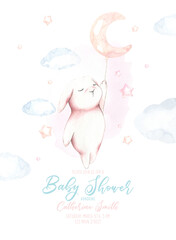 Cute watercolor flying bunny balloon illustration,boho woodland pink card design for kids, baby shower invitation,greeting card, poster, frame art, printable, birthday party,it's a boy
