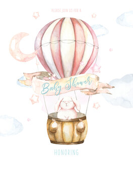 Cute watercolor set of flying bunny air balloon illustration,boho woodland pink card design for kids, baby shower invitation,greeting card, poster, frame art, printable, birthday party,it's a boy