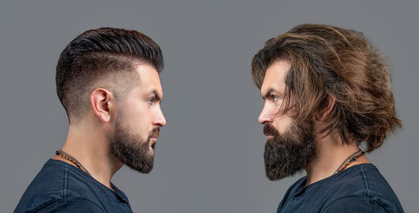 Collage man before and after visiting barbershop, different haircut, mustache, beard. Male beauty,...