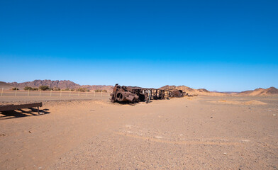 Fototapeta na wymiar Abandoned train carriages from the Hejaz Ottoman era in the Saudi Arabian desert near Medina