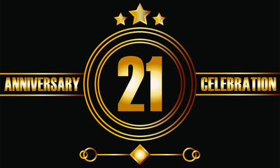 21 anniversary celebration. Twenty-one years birthday celebration banner with bright gold color.