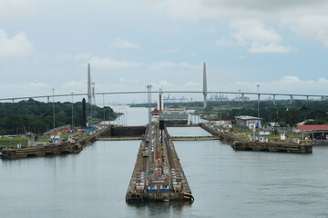 View on Gatun lock and bridge over the Panama Canal, known as the Atlantic Bridge from the ship...