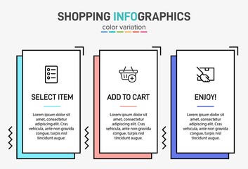 Concept of shopping process with 3 successive steps. Three colorful graphic elements. Timeline design for brochure, presentation, web site. Infographic design layout.