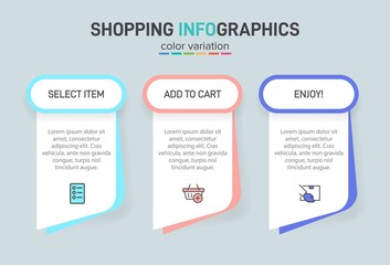 Concept of shopping process with 3 successive steps. Three colorful graphic elements. Timeline design for brochure, presentation, web site. Infographic design layout.