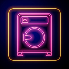 Glowing neon Washer icon isolated on black background. Washing machine icon. Clothes washer - laundry machine. Home appliance symbol. Vector