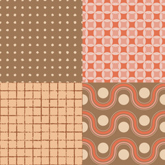 A Set of Four Seamless Patterns With Retro Waves, Circles, Dots and Lines.